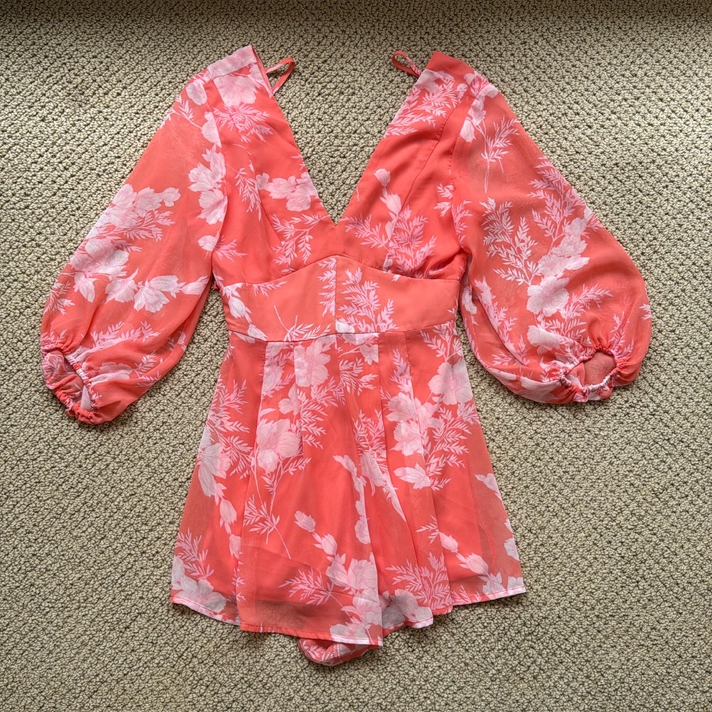 Pink “V cut” dress/romper - zipper on back - floral design